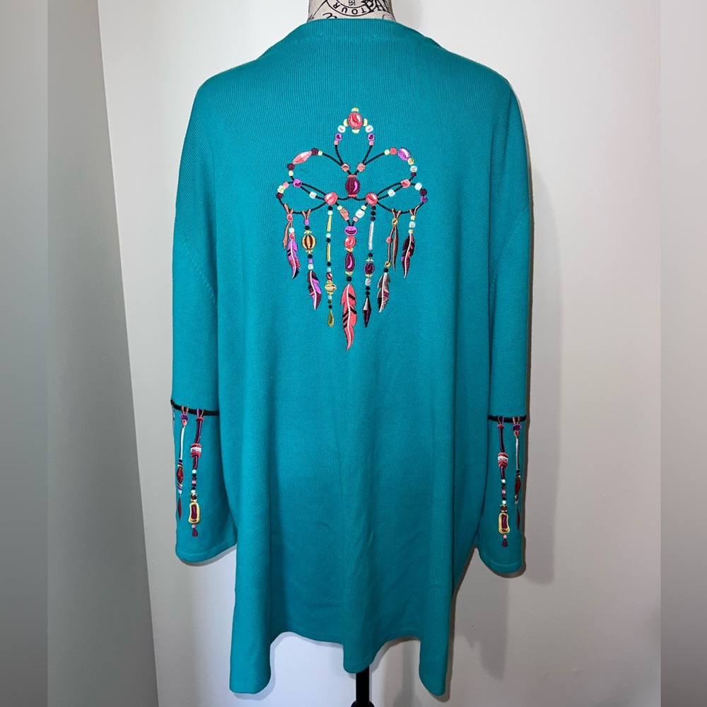 Bob Mackie Wearable Art Turquoise Embroidered Cardigan Duster Dreamcatcher/3X